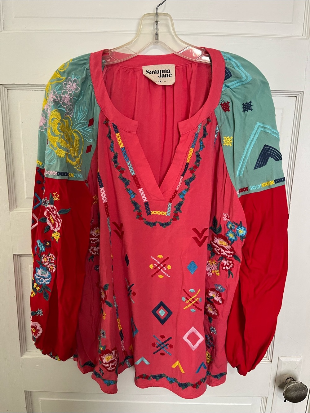 Savanna Jane Embroidered V-Neck Boho Top - Coral & Teal 1X